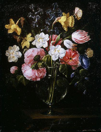 Juan de Arellano Clematis, a Tulip and other flowers in a Glass Vase on a wooden Ledge with a Butterfly oil painting image
